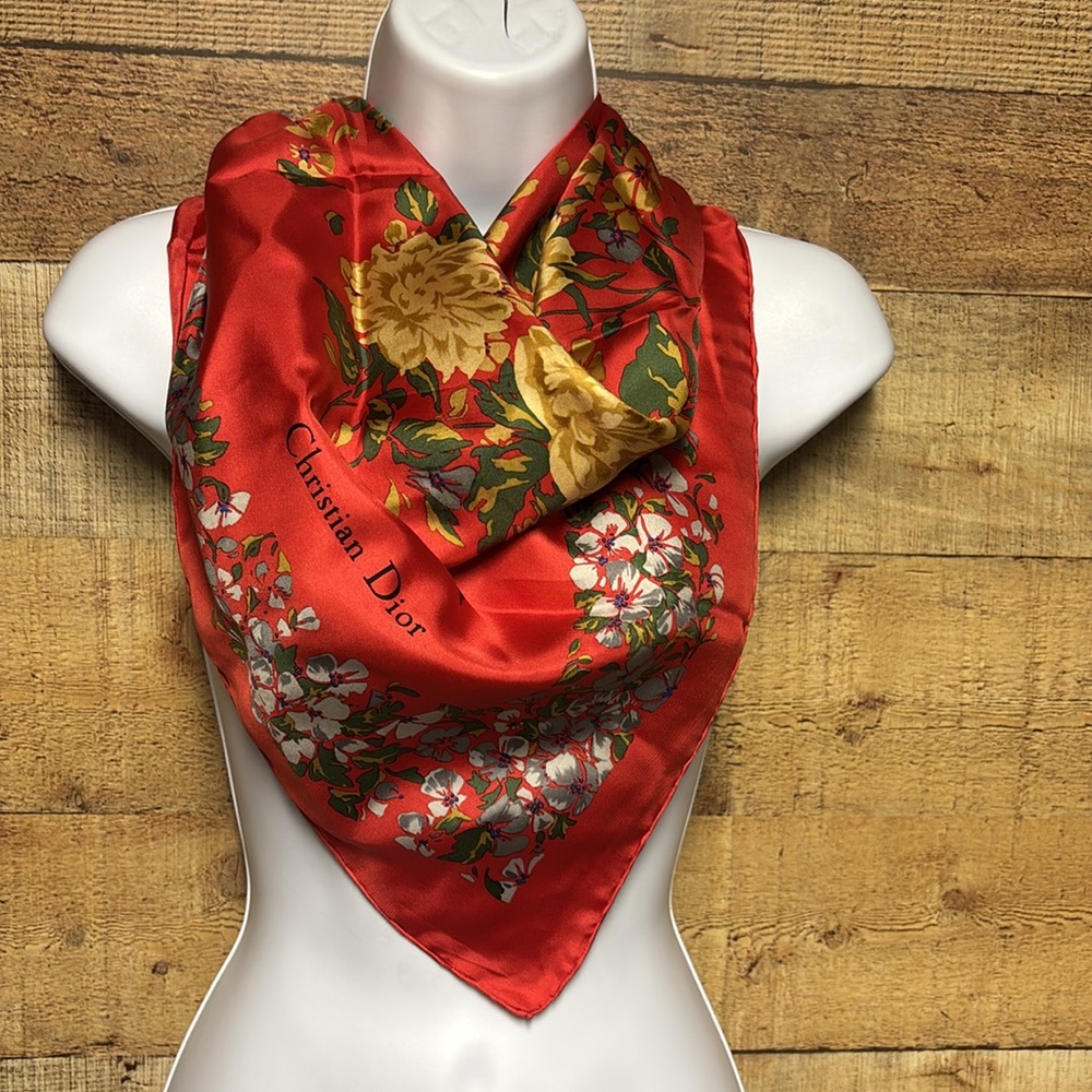 Christian Dior silk floral hand stitch scarf red